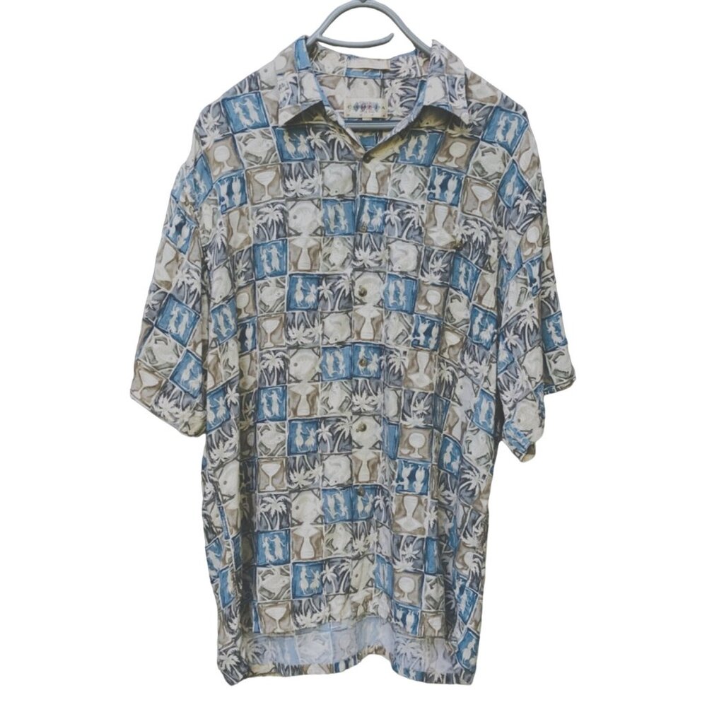 Campia Moda Rayon Hawaiian Shirt Hula Girl Cocktail Palm Fish Print Men's Sz L